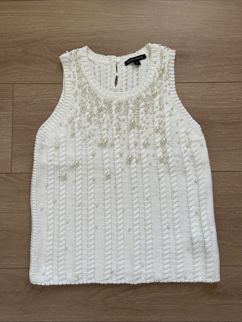 Boston Proper White Pearl-Embellished Knit Tank Size Medium